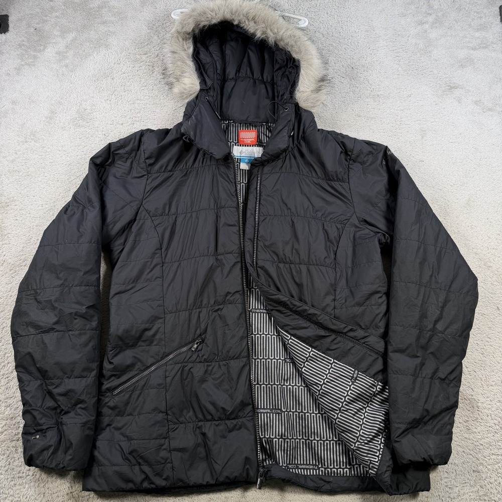 Columbia Jacket Womens Large Black Thermal Coil Fur Hooded Insulated Lined